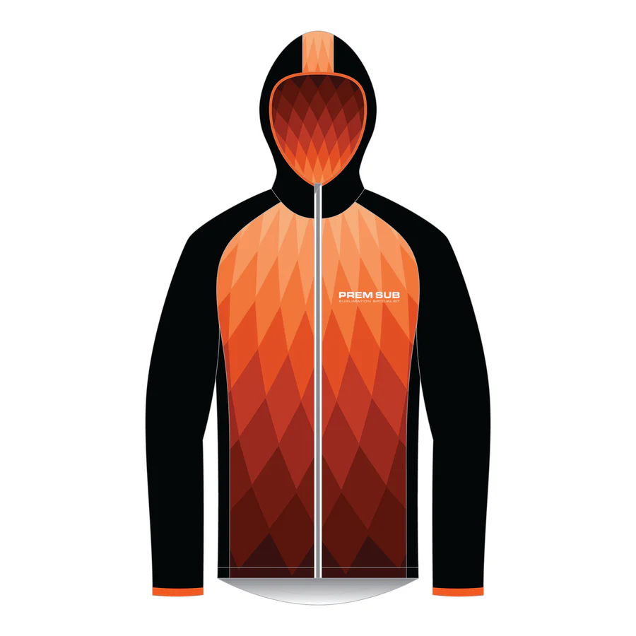 This Full Zip Rain Outerwear Jacket showcases a vibrant front geometric pattern in orange and red, contrasted by solid black sleeves and sides. The chest bears the white text PREM SUB, making it a striking piece.