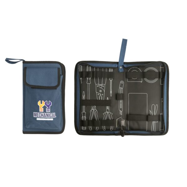 A blue and black ToolMaster Utility Bag opens to display tool slots inside. Beside it, the folded pouch shows the front flap with a strap, highlighting ToolMasters reliable craftsmanship.