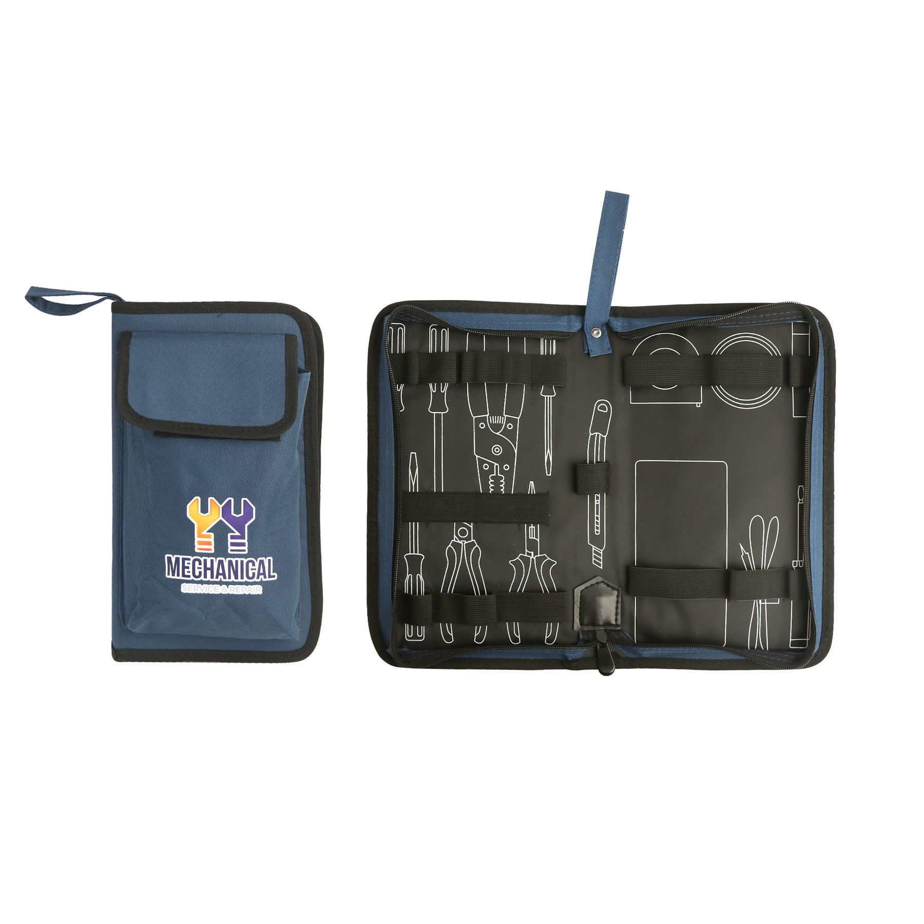 A blue and black ToolMaster Utility Bag opens to display tool slots inside. Beside it, the folded pouch shows the front flap with a strap, highlighting ToolMasters reliable craftsmanship.