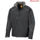 Black softshell jacket with white piping and zippered pockets, Result logo in red.