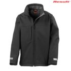 Black zip-up jacket with high collar, chest pocket, and Result logo in the top right corner.
