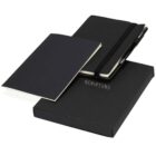 Black notebook set with pen, open booklet, and box labeled Scriptura on white background.