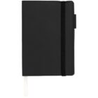 Closed black notebook with an elastic band and a white ribbon bookmark.