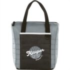 A gray and black insulated tote bag with two black handles. The front pocket features a logo with the word Harper and an illustration of hops. The bag has a zippered top and quilted sides.