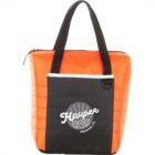 An orange and black insulated tote bag with black handles. The front features a black pocket with a white Hauper Brewing Co. logo, which includes a graphic of hops.