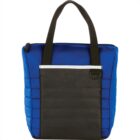 A blue and black tote bag with black handles. The bag has a black front pocket and a zipper closure at the top. The sides are quilted in appearance, adding texture to the design.