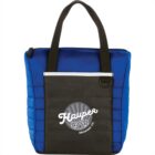 Blue and black insulated tote bag with black handles. The front pocket features a logo with Hauper Brewing Co and a graphic of hops.