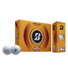 Image of Bridgestone Golf balls: two boxed packages of Bridgestone e6 Balls—one larger, one smaller—displayed. The packaging is orange with black and red accents, prominently showcasing the Bridgestone logo. Two Edge Soft golf balls are positioned in front.