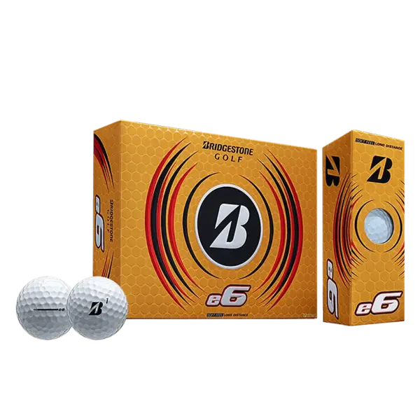 Image of Bridgestone Golf balls: two boxed packages of Bridgestone e6 Balls—one larger, one smaller—displayed. The packaging is orange with black and red accents, prominently showcasing the Bridgestone logo. Two Edge Soft golf balls are positioned in front.