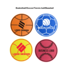 Four sports-themed logos on colorful backgrounds: an orange basketball, a blue soccer ball, a yellow tennis ball, and a red baseball. Each ball features a distinct logo design and text.