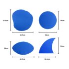 Four blue shapes are shown with measurements: a cloud-like shape (35.5cm x 34.7cm), a circle (30cm), an oval (26cm x 43.1cm), and a fin shape (33cm x 32.2cm). Each shape is labeled with its dimensions in centimeters.