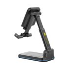 Black adjustable phone or tablet stand with a foldable, sturdy base and charging port.