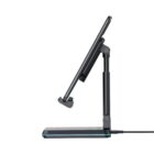 Adjustable tablet stand with charging base, shown in side profile on a white background.