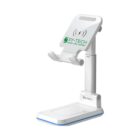 White adjustable phone stand with wireless charging, SY-TECH logo on the holder.