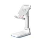 White adjustable phone stand with wireless charging pad and blue accent on the base.