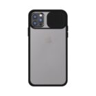 IPhone with black case and sliding camera cover on white background.