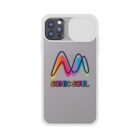 Gray phone case with colorful SONIC SOUL text and wavy lines, camera cover visible.