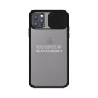 Clear iPhone case with black edges, sliding camera cover, and GAMEBOX HEXMEDIA NET text.