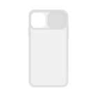 Clear phone case with a sliding cover for the camera on a white background.