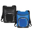 Two backpacks, one black and one blue, with front zip pockets and shoulder straps.