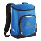 Blue Cornerstone Hospital backpack cooler with front zip pocket and black straps.