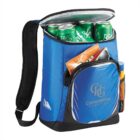 Blue cooler backpack with sodas, snacks, and a Cornerstone Hospital logo on the front pocket.