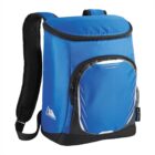 Blue insulated backpack cooler with a front zip pocket and black padded shoulder straps.
