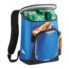Blue cooler backpack with Sprite cans, snacks, and sunscreen inside and front pocket open.