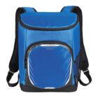 Blue and black backpack with a front zip pocket and adjustable shoulder straps.