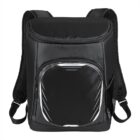 Black insulated backpack with front zipper pocket and reflective accents, shown on a white background.