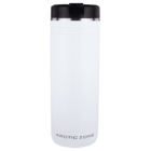 White Arctic Zone travel tumbler with a black lid, shown upright on a plain background.
