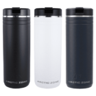 Three Arctic Zone travel mugs in black, white, and dark blue, standing side by side.