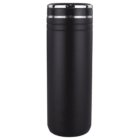 A black travel coffee tumbler with a silver lid band, standing upright on a white background.