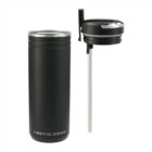 Black Arctic Zone tumbler with removable lid and metal straw on a white background.
