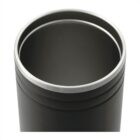 Close-up of an open, black metal travel mug with a silver rim.