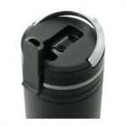 Black travel mug with a silver handle and a closed flip-top lid, viewed from above.
