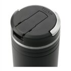 Black travel mug with a closed lid and silver accents, labeled TITAN Thermal on top.