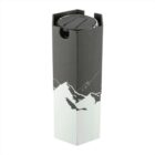 Tall, rectangular box with mountain design and an open top revealing a black tumbler inside.