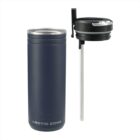 Navy Arctic Zone tumbler with detachable lid and metal straw beside it.