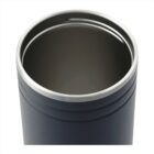 Black stainless steel travel mug with an open top, shown from above.