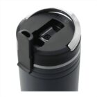 Black travel mug with a closed flip-top lid and silver accent on the edge.