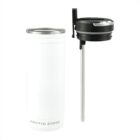 White Arctic Zone tumbler with separate black lid and metal straw on a white background.