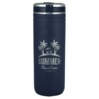 Navy travel tumbler with Summer Vacation and palm tree design engraved on the front.