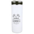 White travel mug with Summer Vacation and palm tree design printed on the front.