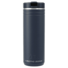 Navy blue Arctic Zone travel mug with a silver band near the lid on a white background.