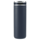 A tall, dark blue travel mug with a silver band near the lid, shown on a white background.