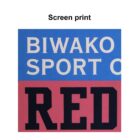 Colorful screen print with white text on blue saying BIWAKO SPORT O and black text on red saying RED.