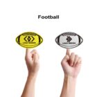 Two hands are holding miniature rugby balls on their forefingers. The left ball is yellow with a black logo, and the right ball is white with a similar black logo. The word Football is above the balls on a white background.