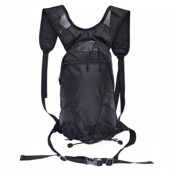 The Hydration Backpack with Bladder in Black features a sleek design, built-in bladder, mesh shoulder straps, adjustable waist and chest buckles, and a front zippered pocket for convenience.
