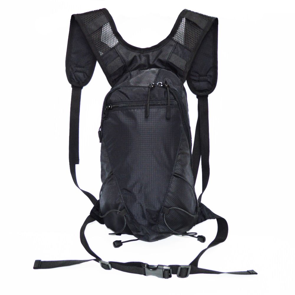 The Hydration Backpack with Bladder in Black features a sleek design, built-in bladder, mesh shoulder straps, adjustable waist and chest buckles, and a front zippered pocket for convenience.